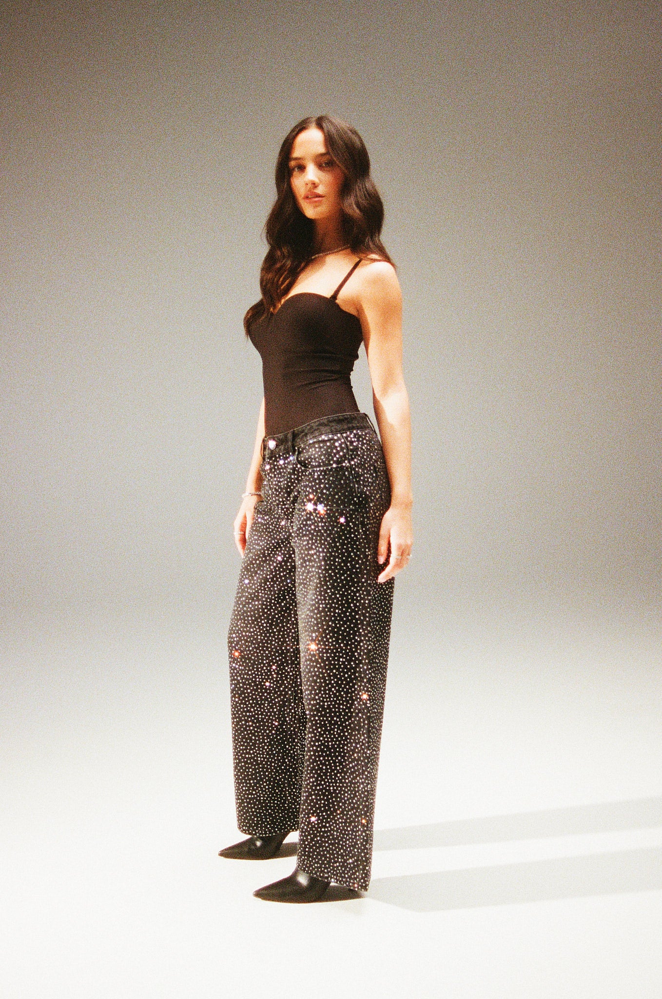 Rhinestone Baggy Low Rise Jean - Washed Black